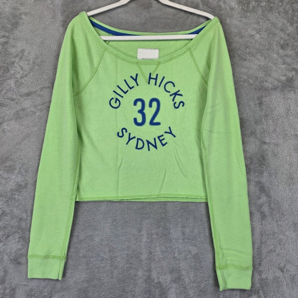 Gilly Hicks Sweatshirt Womens Medium Green Cropped Long Sleeve 32 Sydney Graphic